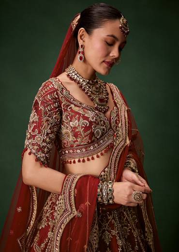 Red Silk Bridal Lehenga With Cutdana Embroidery