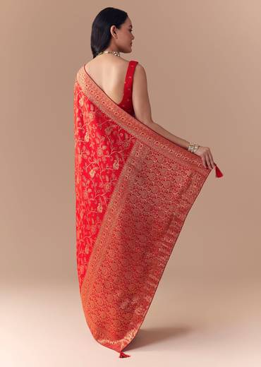 Red Dola Silk Zari Woven Saree with Unstitched Blouse