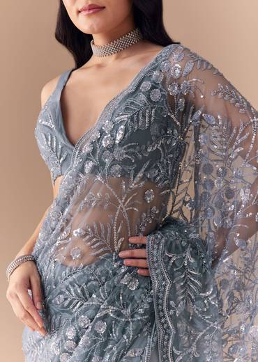 Blue Grey Net Sequin Floral Work Saree with Unstitched Blouse