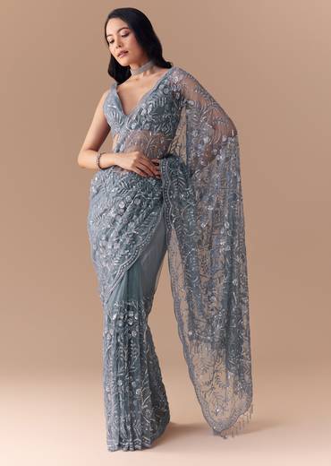 Blue Grey Net Sequin Floral Work Saree with Unstitched Blouse