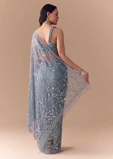 Blue Grey Net Sequin Floral Work Saree with Unstitched Blouse