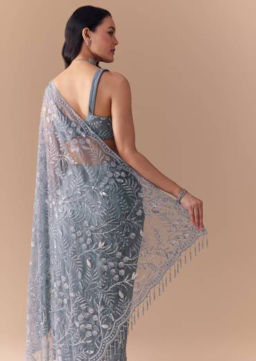 Blue Grey Net Sequin Floral Work Saree with Unstitched Blouse