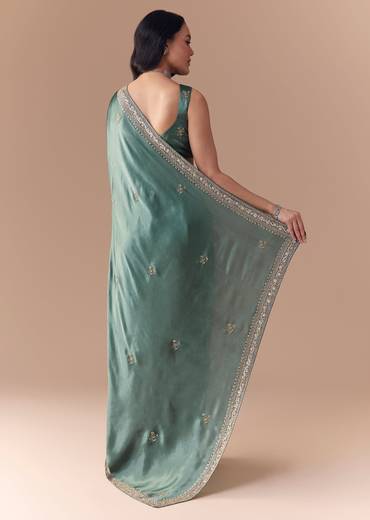 Mint Green Chinon Embroidered Saree with Unstitched Blouse