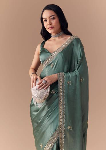 Mint Green Chinon Embroidered Saree with Unstitched Blouse