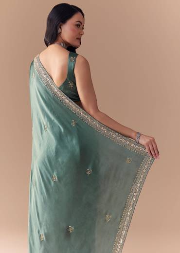 Mint Green Chinon Embroidered Saree with Unstitched Blouse