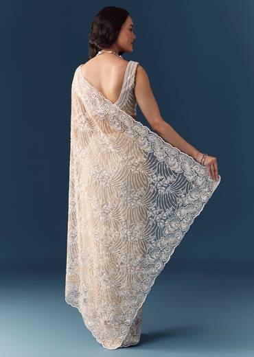 Beige Net Floral Jaal Sequin Work Saree with Unstitched Blouse