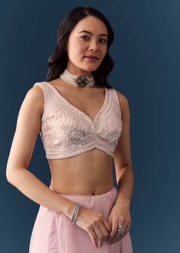 Pink Net Floral Jaal Cutdana Work Saree with Unstitched Blouse