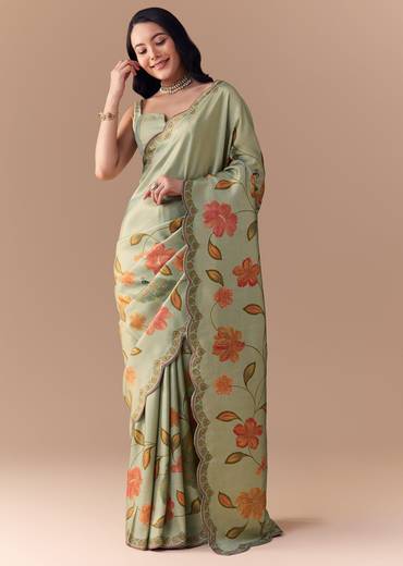 Mint Green Jacquard Silk Floral Woven Saree with Unstitched Blouse