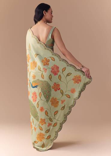 Mint Green Jacquard Silk Floral Woven Saree with Unstitched Blouse