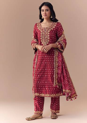 Maroon Bandhani Print Kurta Set