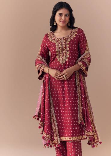 Maroon Bandhani Print Kurta Set