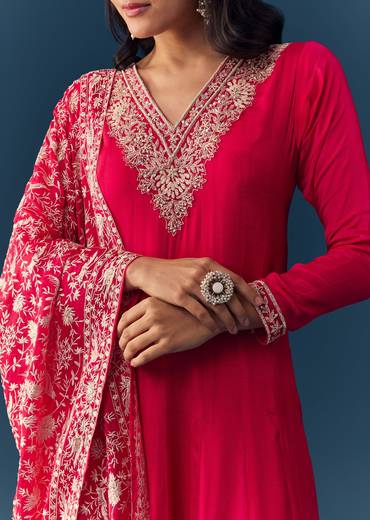 Hot Pink Thread Embroidered Anarkali with Dupatta