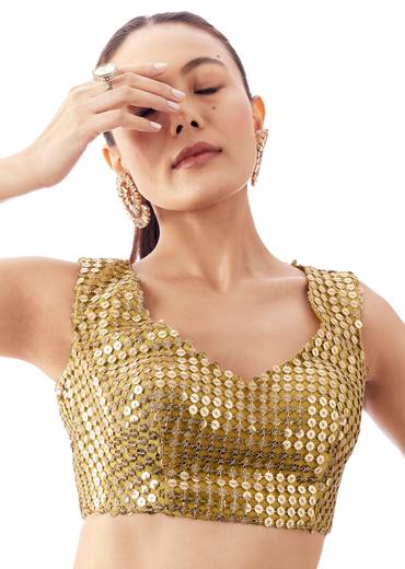 Gold Mustard V Neck Blouse With Side Zip And Stone Work