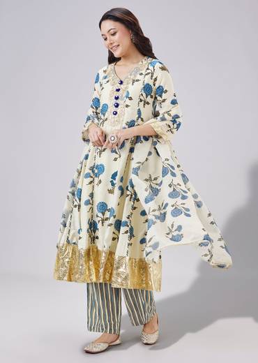 Blue Floral Printed Anarkali Set With Dupatta