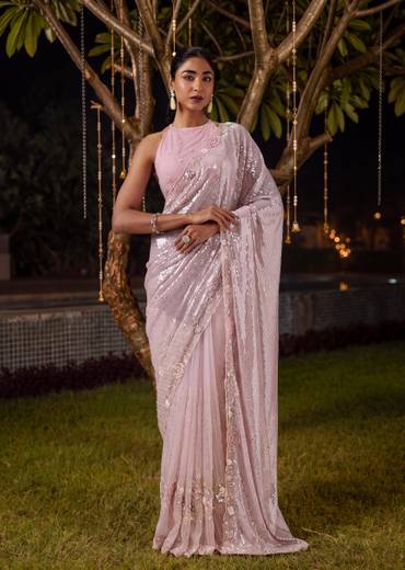 Mauve Half And Half Sequin Saree With Cut Dana Embellished Border