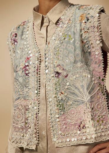 Beige Shirt With Floral Palazzo And Jacket Set