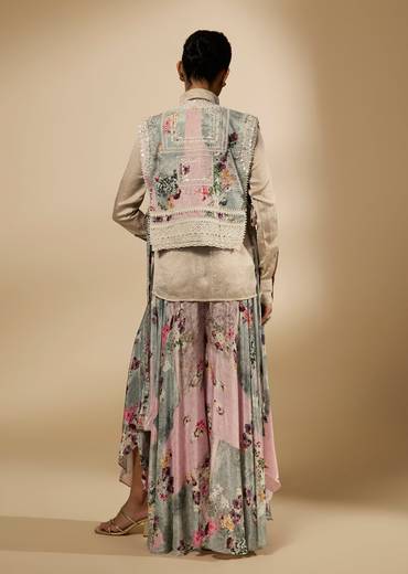 Beige Shirt With Floral Palazzo And Jacket Set