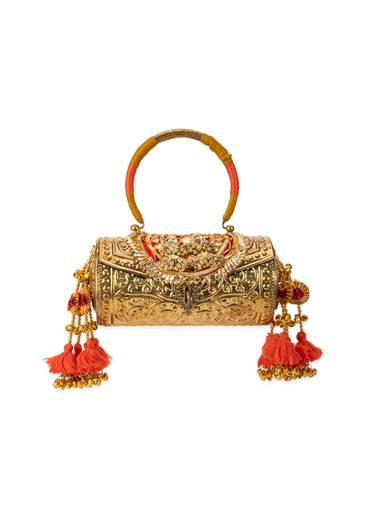 Silver and Gold Embossed Textured Metal Bag with Tassels