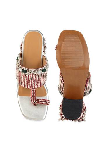 Silver Hand Hand Embellished Faux Leather Block Heels