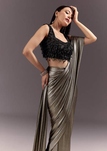 Silver Ready Drape Cutdana Saree With Round Neck Blouse