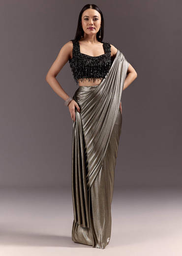 Silver Ready Drape Cutdana Saree With Round Neck Blouse