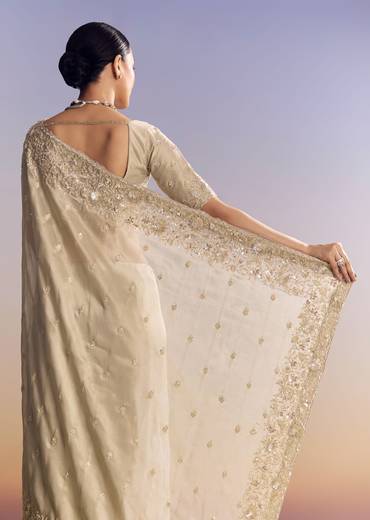 Silver Tissue Saree Embellished With Beads And Sequins