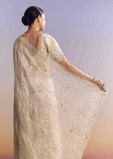 Silver Tissue Saree With Cutwork And Unstitched Embellished Blouse