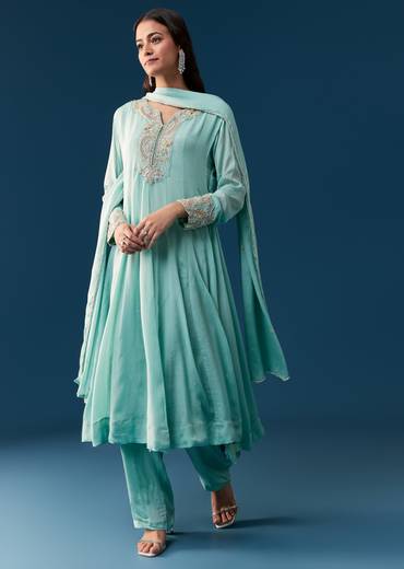 Sky Blue Chinon Anarkali Suit With Dupatta And Moti Cut Dana Work