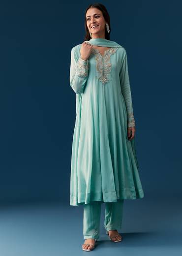 Sky Blue Chinon Anarkali Suit With Dupatta And Moti Cut Dana Work