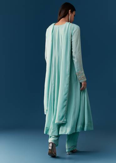 Sky Blue Chinon Anarkali Suit With Dupatta And Moti Cut Dana Work