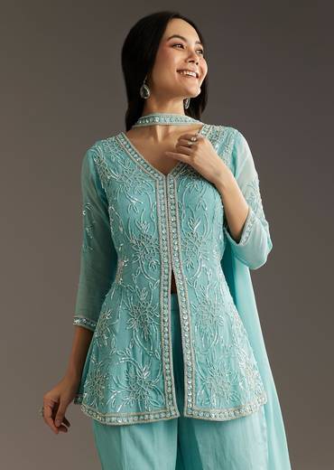 Sky Blue Chinon Front Slit Kurta Palazzo Set With Choker Style Dupatta