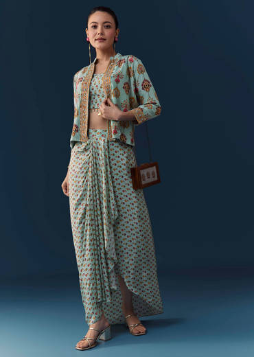 Sky Blue Floral Print Crop Top Skirt Set with Sequins Work Jacket