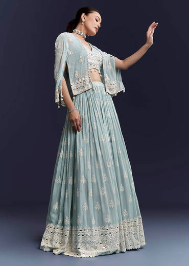 Sky Blue Georgette Bridesmaid Lehenga With Sequins And Thread Embroidery
