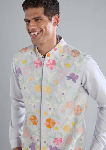 Sky Blue Kurta Jacket Set With Dori Work Detailing