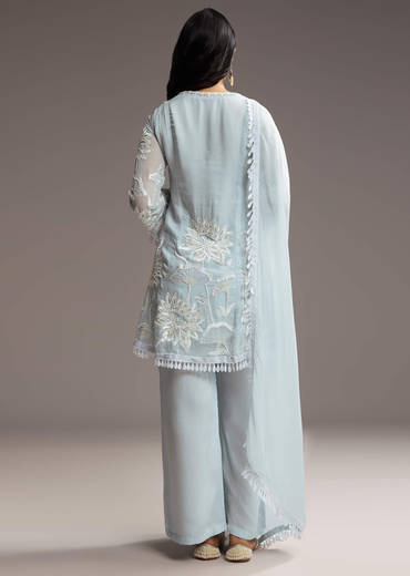 Sky Blue Organza Kurta Set With Resham Work
