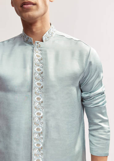 Sky Blue Satin Blend Kurta Set For Men With Zardosi Hand Embroidery