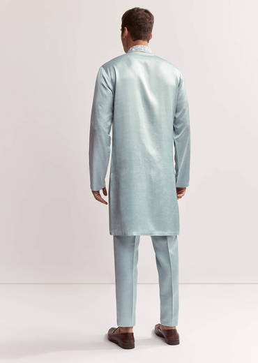Sky Blue Satin Blend Kurta Set For Men With Zardosi Hand Embroidery