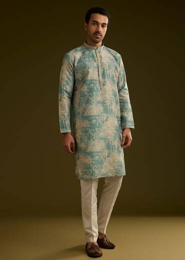 Sky Blue Silk Printed Kurta Set With Tree Motifs