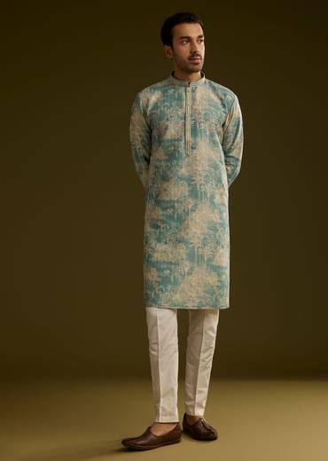 Sky Blue Silk Printed Kurta Set With Tree Motifs