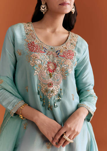 Sky Blue Tissue Kurta Set With Zardosi Embroidery
