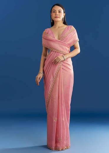 Soft Pink Organza Tissue Saree With Scallop Beaded Finish