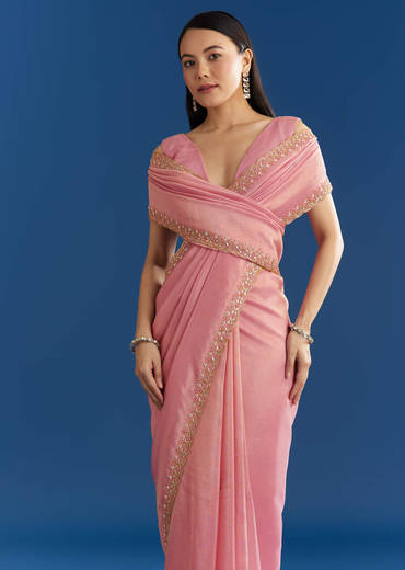 Soft Pink Organza Tissue Saree With Scallop Beaded Finish