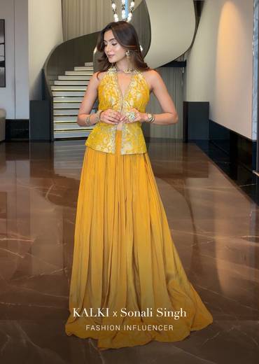 Yellow Banarasi Brocade Crop Top Pant Set
