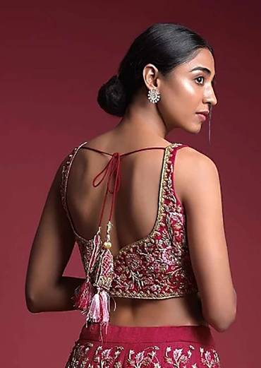 Strawberry Pink Choli In Raw Silk Adorned With Resham And Zardosi Embroidered Floral Jaal