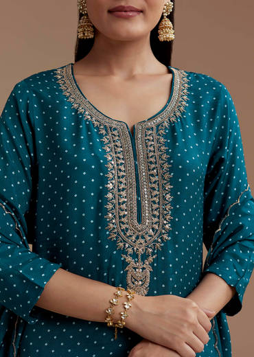 Teal Bandhani Print Silk Kurta Set with Zari Work
