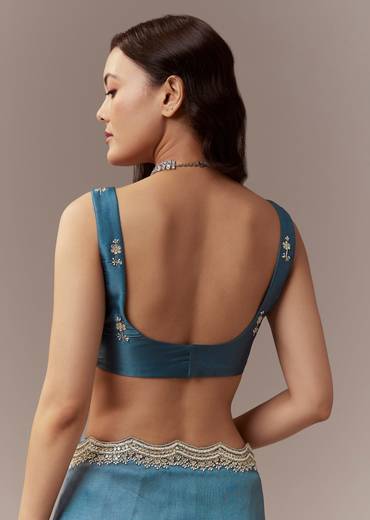 Teal Blue Organza Saree With Cutdana Beads And Sequin Embroidery