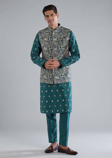 Teal Blue Printed Kurta Jacket Set With Resham Detailing