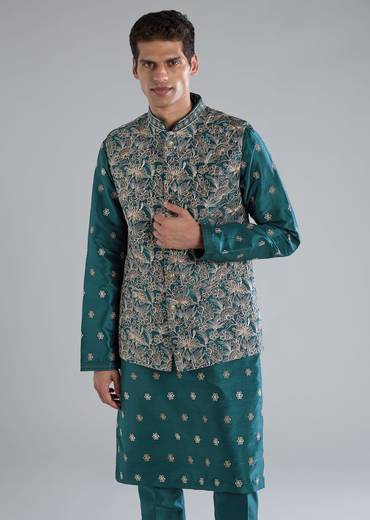Teal Blue Printed Kurta Jacket Set With Resham Detailing