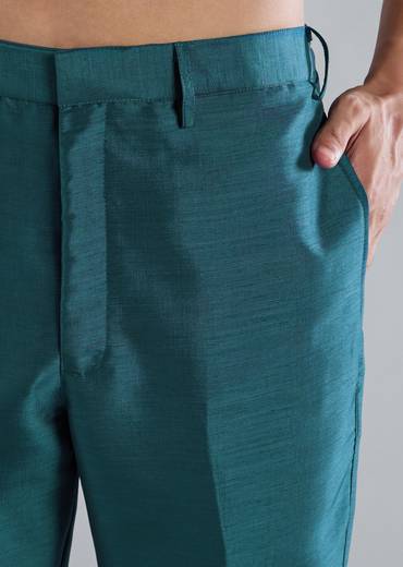 Teal Blue Printed Kurta Jacket Set With Resham Detailing