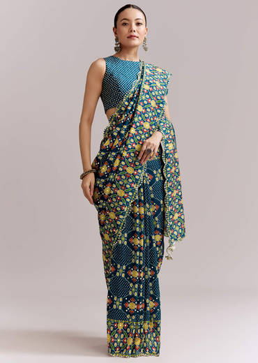 Teal Blue Satin Saree With Ajrakh Print And Scallop Gota Zari Border
